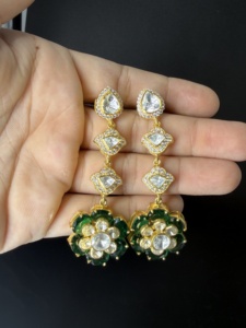 Boucles d'oreilles pendantes Polki en argent sterling 925, forme de fleur verte nano, bijoux indiens pour femmes, cadeau pour elle - Product Image 2