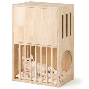 Cuccia per Gatti a 2 Piani in Legno, Casa per Gatti Simmetrica da Interno con Cuscini Rimovibili, Arredamento per Animali Domestici - Product Image 4