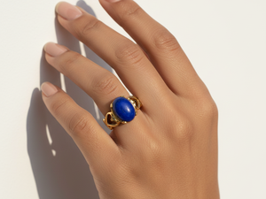Oval <b>Lapis</b> <b>Lazuli</b> <b>Ring</b> Gold Plated Brass Statement Piece - Product Image 2
