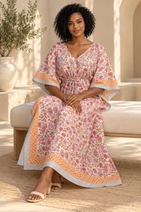 Robe Kaftan Bohème Rose Tissée pour Femme, Maxi Blanche avec Bordure Contrastante Orange, Col en V, Taille à Cordon de Serrage pour Acheteurs en Gros - Product Image 6