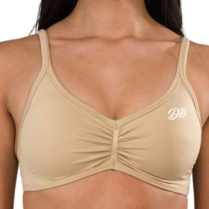 Sujetador deportivo beige con logo personalizado para mujer, top corto con cuello en V y tirantes finos, conjunto de gimnasio para fitness, ropa deportiva al por mayor - Product Image 1