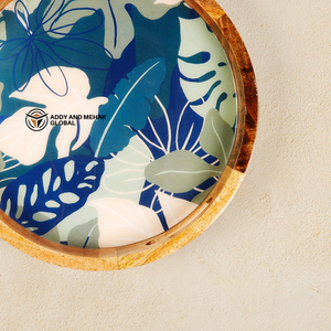 Bandeja Redonda de Madera de Mango con Resina Epoxi y Diseño de Hojas Botánicas Azules – Bandeja Decorativa de Madera para Servir Té, Café y Aperitivos - Product Image 4