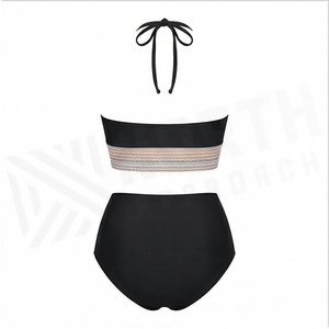 North Approach Ensemble de bikini 2 pièces noir pour femme, haut croisé à nouer, bas taille haute, couleur unie, maillot de bain extensible - Product Image 2
