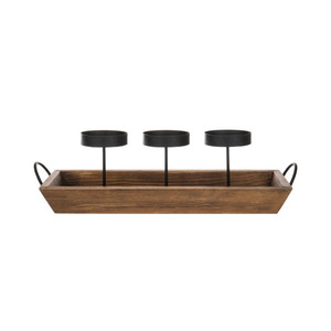 Bandeja rústica de madera con 3 portavelas y asa, acabado en recubrimiento de polvo negro, centro de mesa para decoración del hogar - Product Image 5