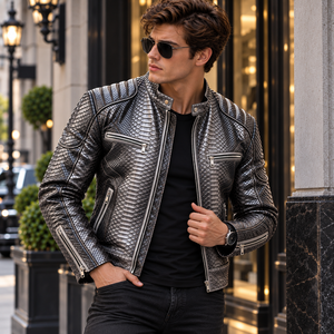 Chaqueta de Motociclista para Hombre, de Cuero Genuino con Estampado de Serpiente Negra y Amarilla, Cuello Alto, Transpirable, para Invierno - Product Image 6