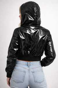 Chaqueta Bomber con Capucha de Cuero Sintético Negro para Mujer, Cierre de Cremallera, Manga Larga, Corte Corto, Color Sólido, para Otoño - Product Image 3