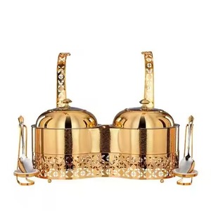 Chaffing Dish Gold Brass Crescent <b>Top</b> Dome Islamic Carved Base Food Warmer Pot Set For Home Hotel Buffet Chaffing Dish - Product Image 6