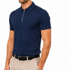 Polo en tricot à manches courtes bleu marine pour homme avec fermeture éclair, style décontracté chic, couleur unie, coupe classique, séchage rapide - Product Image 3