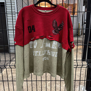 Men Distressed Vintage Washed Thick Cotton Long Sleeve <b>Tshirts</b> Custom Printed Men's Color Block Double Layer Waffle t Shirt - Product Image 3