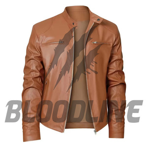 BLOODLINE Men's Blue PU Leather Moto <b>Biker</b> <b>Jacket</b> Slim Fit Zipper Closure Stand Collar Autumn Wear - Product Image 5