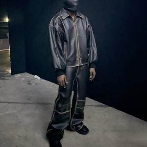 Men's Black Leather Look Tracksuit Full Sleeve Zipper Turn-<b>down</b> Collar Loose Fit Winter Streetwear Solid Color <b>Pants</b> and Jacket - Product Image 6