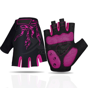 Gants de cyclisme mi-doigts noirs et roses à motif flamme, respirants en polyester, fermeture à lacets, antidérapants, imprimé numérique, unisexe pour le cyclisme - Product Image 1
