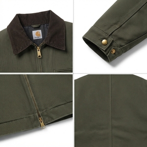 เสื้อแจ็คเก็ตผ้าแคนวาสสีเขียวมะกอก 12 ออนซ์ แบบ OEM สั่งทำพิเศษ สไตล์ดีทรอยต์ สำหรับทำงาน 男女兼用 คอปกผ้าลูกฟูก บุผ้าห่ม แนวสตรีทแวร์ - Product Image 4