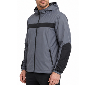 Veste coupe-vent à capuche pour homme, légère, imperméable, deux tons gris et noir, fermeture éclair, pour la course à pied - Product Image 1