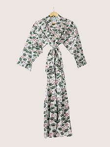 Bata Larga Estampada Floral para Mujer, Cuello Mandarín, Manga Tres Cuartos, 100% Algodón, Ropa Casual de Verano, Cierre con Cordón - Product Image 4