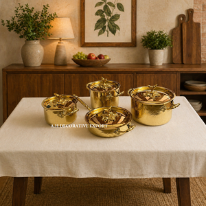 Elegant Hammered Brass <b>Cookware</b> <b>Set</b> Decorative Gold Handled Casserole Pots with Floral Lid Knobs 4 Piece Premium Serving Pot <b>Set</b> - Product Image 4