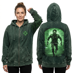 Wholesale Burnt Orange Heavyweight Hoodie Chained Zombie <b>Back</b> Graphic Distressed Hem Zip Up Custom Dye Streetwear Manufacturer - Product Image 2