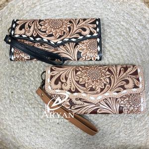 Nouvelle Pochette à Main en Cuir de Vachette Fait Main de Qualité Supérieure, Motif Tournesol Élégant avec Multiples Emplacements pour Cartes pour Femmes - Product Image 1