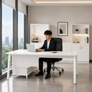 Modern Executive Office <b>Desk</b> White Wood Minimalist Design Freestanding Storage <b>Cabinet</b> Home Office Furniture - Product Image 1