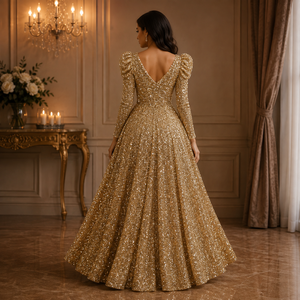 Womens Gold <b>Sequin</b> Ball Gown V Neck Long Sleeve Puff Shoulder Sparkly Formal Evening Wedding Prom Party Princess Floor Length - Product Image 3
