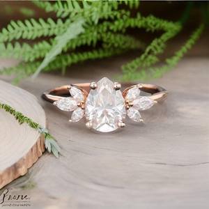 Pear Shaped Moissanite Engagement Ring Vintage <b>Unique</b> Marquise Cut Cluster Rose Gold Bridal Ring - Product Image 1