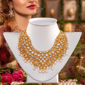 Feria CZ Designer Antique Gold Plated Pearl <b>Necklace</b> <b>and</b> <b>Earring</b> <b>Set</b> for <b>Bridal</b> Wedding - Product Image 3