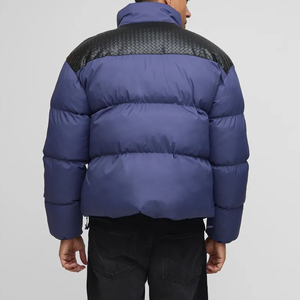 <b>Men</b> <b>Blue</b> Puffer Jacket With Flame Logo Embroidery Stand Collar Zipper Closure Winter Streetwear Style - Product Image 3