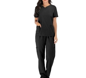 <b>Women</b> <b>Black</b> Scrub Set Short Sleeve <b>Pants</b> Cotton Polyester Knitted Breathable Comfortable Stretch Hospital Uniforms - Product Image 6
