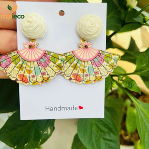 Boucles d'oreilles en bois vintage élégantes pour femmes, breloque de goutte de fleur en forme d'éventail rétro - Product Image 2