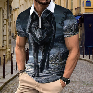 Polo pour homme avec impression 3D de loup noir par sublimation |   T-shirt à col zippé à imprimé animalier Midnight Predator |   Haut décontracté style streetwear - Product Image 1