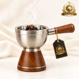 Stainless Steel Handle Bowl Wooden Base Bakhoor Censer Luxury <b>Incense</b> <b>Burner</b> Fragrance Diffuser Holder Home Fragrance - Product Image 1