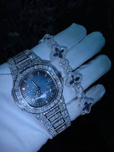 Montre mécanique bleu glace avec lunette entièrement sertie de diamants, bracelet en cristal, montre de luxe pour homme, cadeau - Product Image 4
