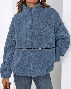 <b>Women</b> Fleece <b>Jacket</b> Zipper Stand Collar Full Sleeve Solid Color <b>Winter</b> <b>Warm</b> Outerwear Blue Plush Coat Regular Fit - Product Image 6