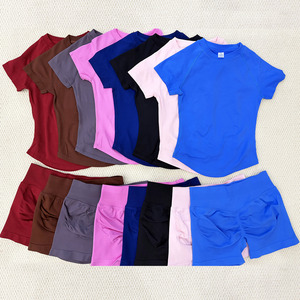 Custom Logo Women 2-Piece Crew Neck <b>Sweat</b>-Wicking High Waist Gym Set Seamless Long Sleeve Crop <b>Top</b> Scrunch Butt Solid Workout - Product Image 2