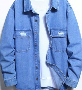 Veste en jean pour homme, classique, boutonnée, bleu uni, coton, décontractée, poches déchirées - Product Image 4