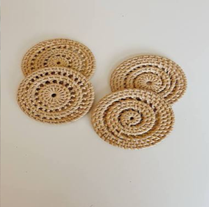 Handcrafted round natural rattan <b>drink</b> <b>coasters</b> with blue floral porcelain center insert, available at wholesale prices. - Product Image 5
