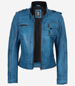 Chaqueta de Motociclista de Cuero Auténtico Azul Desgastado para Mujer, Chaqueta de Motociclista Vintage, Chaqueta de Piel de Oveja Genuina, Fabricante Mayorista - Product Image 2