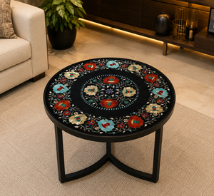 Luxury Black Marble Inlay Round Coffee Table <b>Top</b> Handmade Floral Art Design Modern Office Center Furniture Diwali Eco-Friendly - Product Image 1