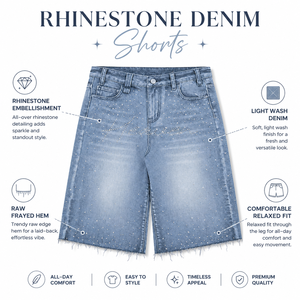 Short en jean taille haute pour femme, style Y2K, orné de strass et de perles de cristal, coupe Bermuda, ourlet brut, streetwear, en denim bleu déchiré - Product Image 5