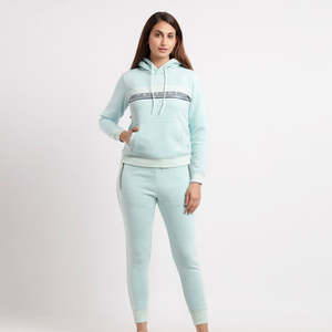 Ensemble de survêtement bleu ciel pour femme 100 % coton avec capuche, poches cache-oreilles et col en dentelle - Product Image 1