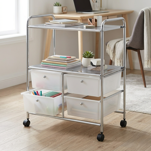 metal <b>Storage</b> Cart with <b>4</b> Plastic <b>Drawers</b> Metal Organizer with 2 shelves for Office Home Use Minimalist Design - Product Image 2