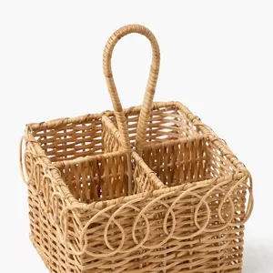 Elegante cesta de mimbre trenzado para cubiertos, organizador tejido con compartimentos y asa para vajilla de cocina. - Product Image 2