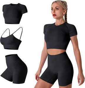 Ensemble de yoga pour femmes : short taille haute, pantalon d'exercice, soutien-gorge de sport, 2 pièces, longueur genou, boutonné, été, polyester/coton - Product Image 1