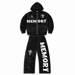 Ensemble de survêtement personnalisé pour homme, effet délavé à l'acide, avec fermeture éclair, style Y2K, streetwear, polaire d'hiver, 2 pièces - Product Image 1