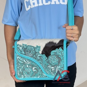 High Quality Handcrafted Cowhide Genuine Leather <b>Women</b> Crossbody <b>Messenger</b> <b>Bags</b> Luxury Floral Design Turquoise Handbags Purse - Product Image 1