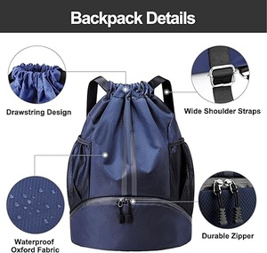 <b>Drawstring</b> <b>Backpack</b> with Wide Shoulder Straps Waterproof Oxford Fabric Durable Zipper Blue Sports Bag Gym Outdoor Use 30-40L - Product Image 6