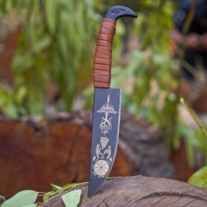 มีดล่าสัตว์สไตล์ไวกิ้ง ใบมีดเหล็กคาร์บอน ด้ามหุ้มหนัง มีดสำหรับกิจกรรมกลางแจ้ง OEM คมกริบ แกะสลักตามสั่ง ใบมีดแบบตายตัว - Product Image 5