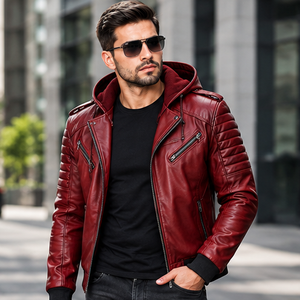 Chaqueta de Moto con Capucha para Hombre, de Cuero PU Rojo, Corte Ajustado, Transpirable, de Secado Rápido, Forro de Lana, Cierre de Cremallera, Estilo Urbano - Product Image 3