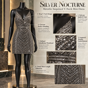 Silver <b>Sequin</b> Mini Dress with Deep V Neck and Spaghetti Straps | Gunmetal Chevron Embellished Fitted Elegant Cocktail Party Wear - Product Image 5