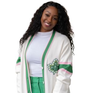 Cárdigan Retro a Rayas Natural para Mujer, Estilo Griego con Letras Tejidas, Botones, Prenda Casual Premium - Product Image 2